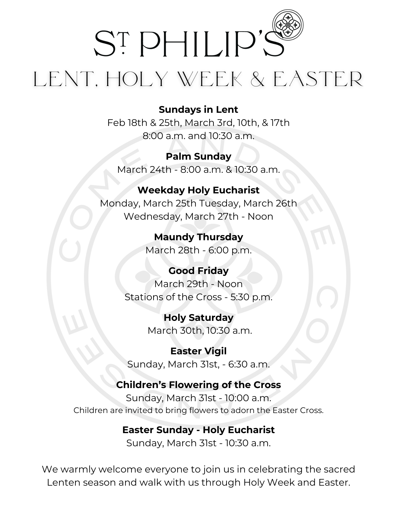 Lent, Holy Week And Easter Schedule